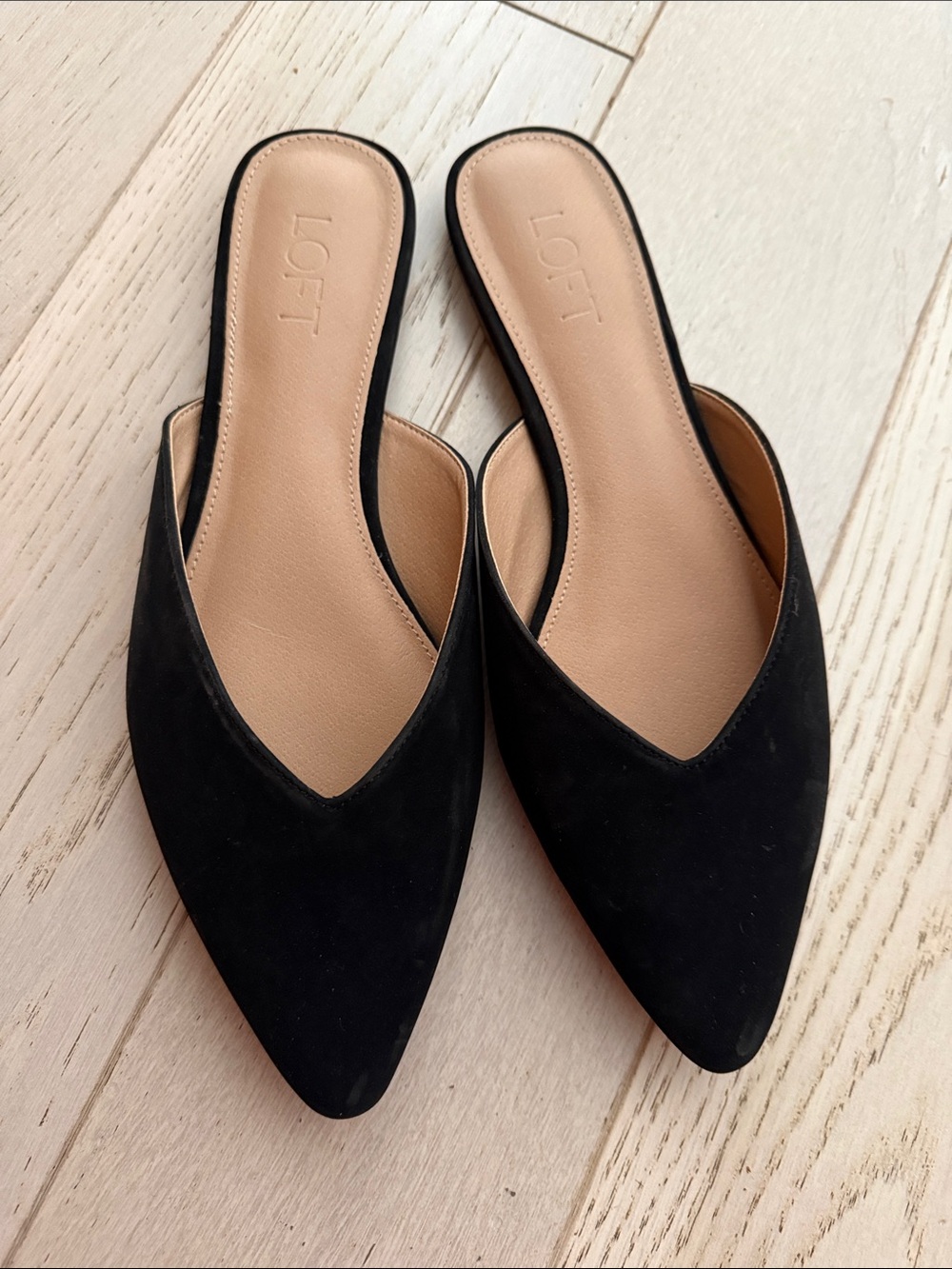 LOFT Black Pointed Toe Mules with Tan Insole